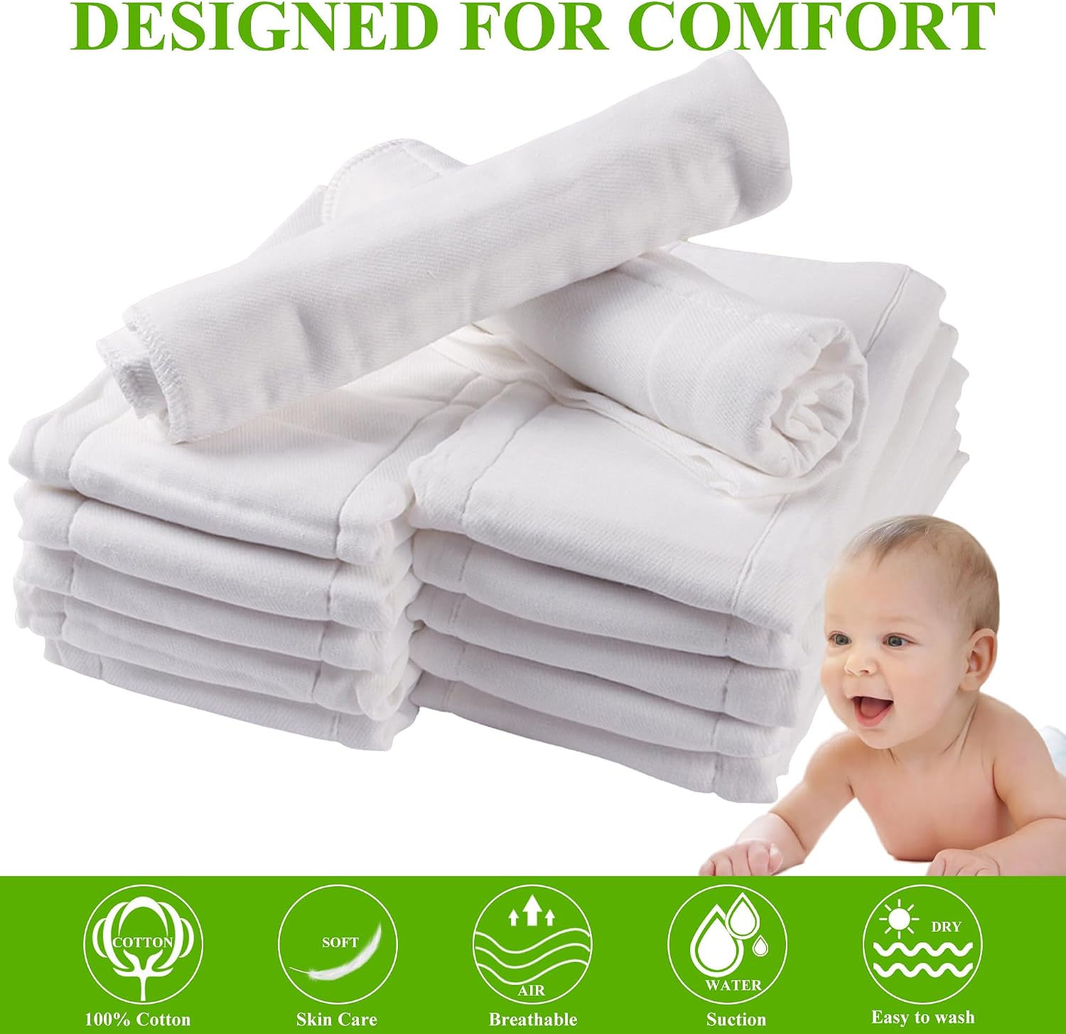 6 Ply Cloth Diapers Burp Cloth, Fasoar Thick Washable Absorbent Cotton Diaper for Babies and Toddlers Multi-Use 6/10/12 Count