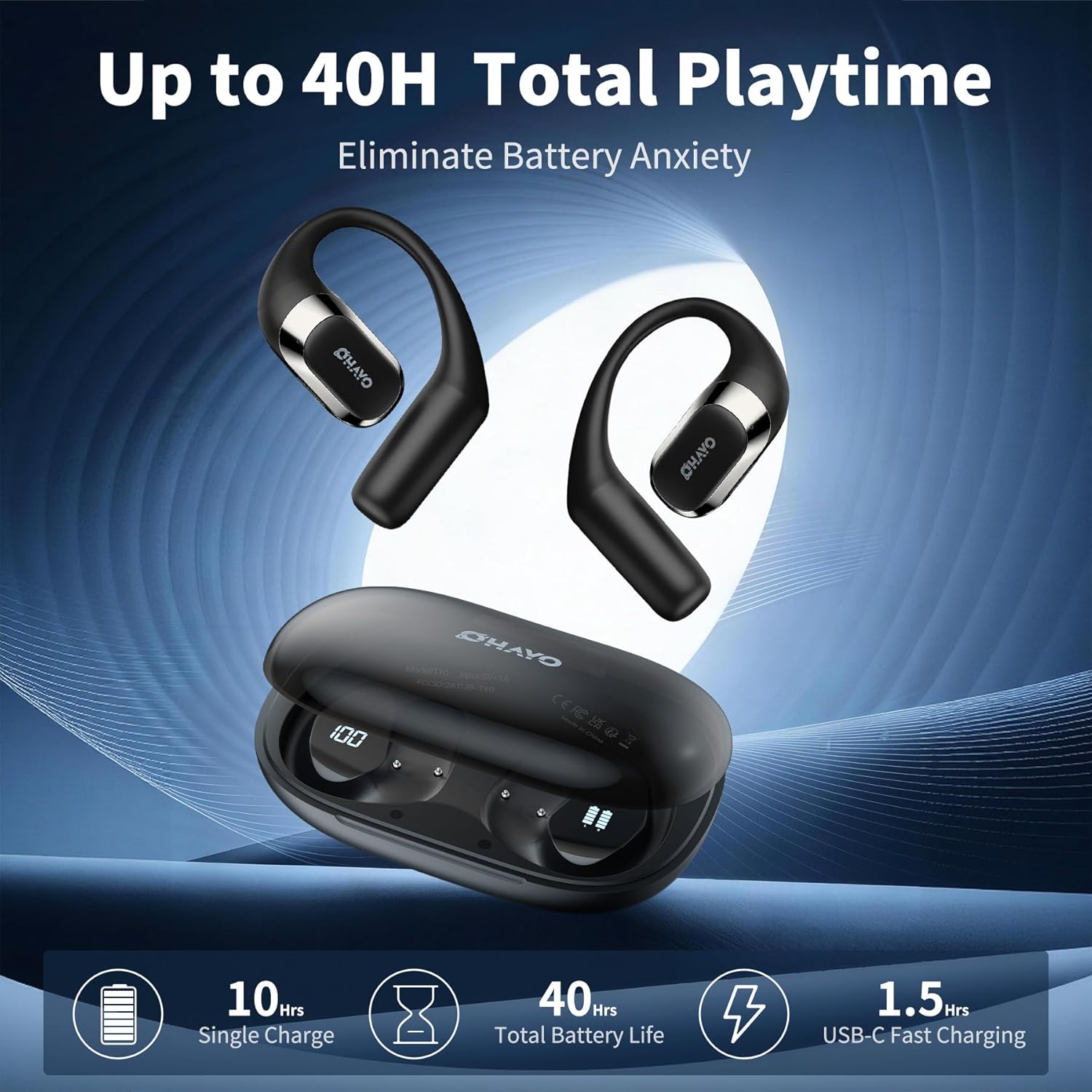 OHAYO Open Ear Headphones,Over Ear Earbuds with Ergonomic Earhook,Bluetooth Headphones 5.4 with Smart Digital Display,40H Playtime,IPX6 Waterproof,Touch Control Operate Fit Cycling,Running,Workout