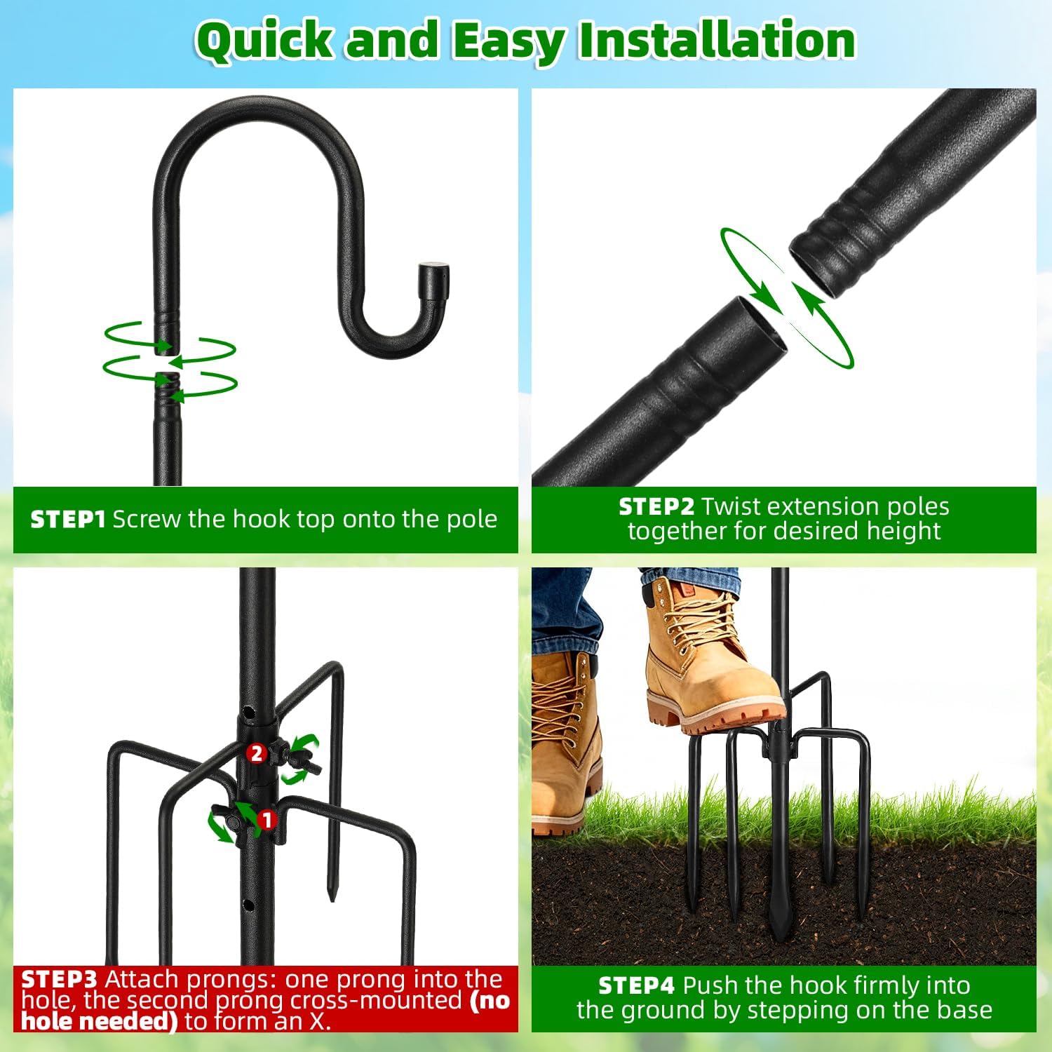 46" Heavy Duty Shepherds Hooks for Outdoor, Bird Feeder Pole with 5 Prong Base, Adjustable Height Shepherds Hook for Hummingbird Feeder, Bird Feeder, Plant, Wind Chimes,Lanterns,Wedding Decor (1 Pack)