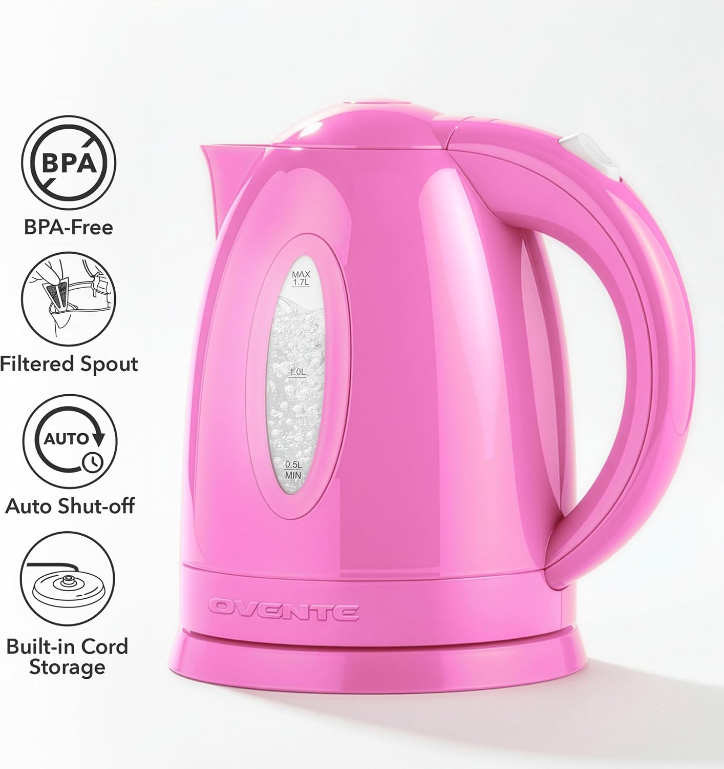 OVENTE 1.7L Electric Tea Kettle, 1100W BPA-Free Water Boiler, Pink KP72P