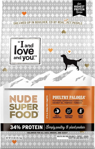I and love and you Nude Super Food Dry Dog Food - Turkey + Chicken - Prebiotic + Probiotic, Grain Free, Real Meat, No Fillers, 23lb Bag
