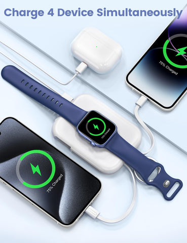 RORRY Portable Charger, 5000mAh Portable Charger Power Bank with Built-in Cables, Travel Keychain Battery Pack for Apple Watch Ultra 2/9/8/Ultra/7/6/SE/5, iPhone 16/15/14/13/12, White