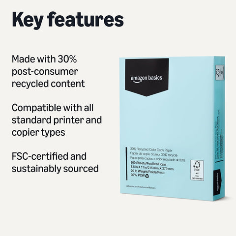 Amazon Basics 30% Recycled Color Copy Paper, 8.5" x 11", 20lb, Pastel Blue, 500 Sheets