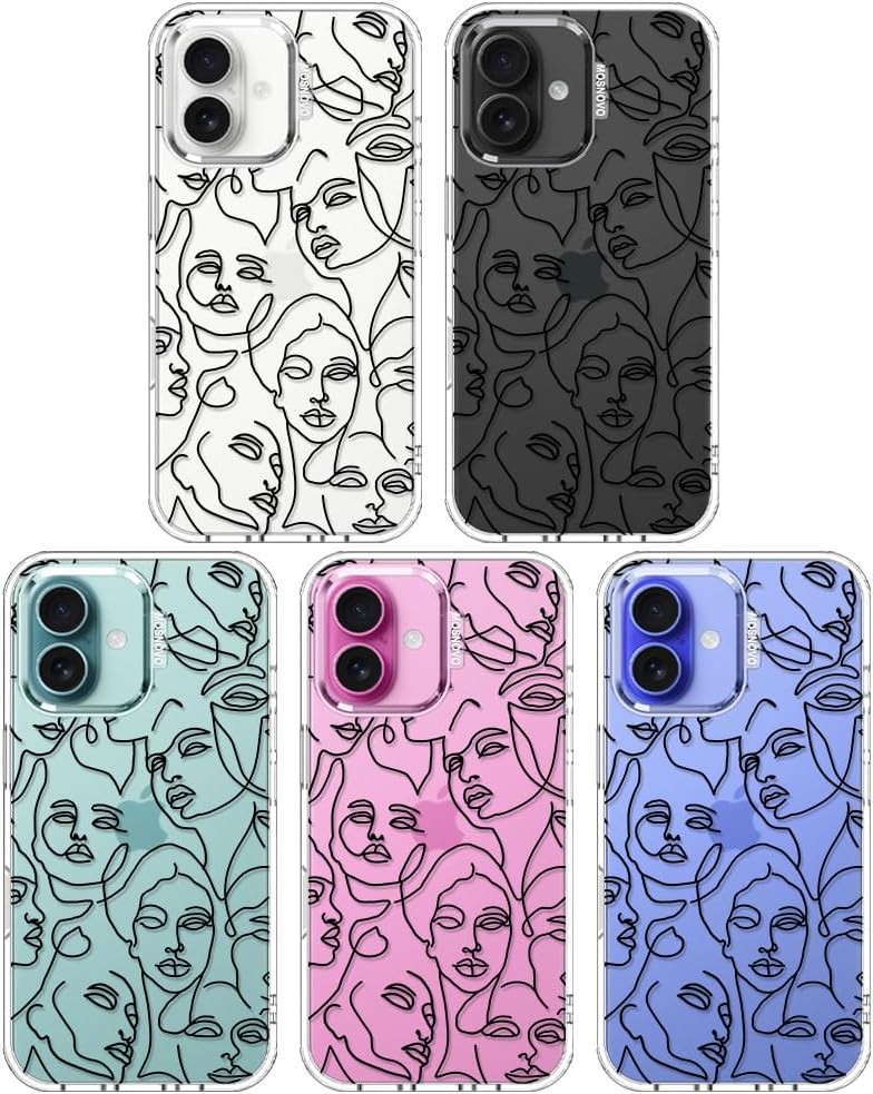 MOSNOVO Case for iPhone 16 Plus, [Buffertech 6.6ft Military-Grade Drop Protection] [Anti Peel Off Tech] Clear TPU Bumper Phone Case Cover Design - Abstract Face Line Art