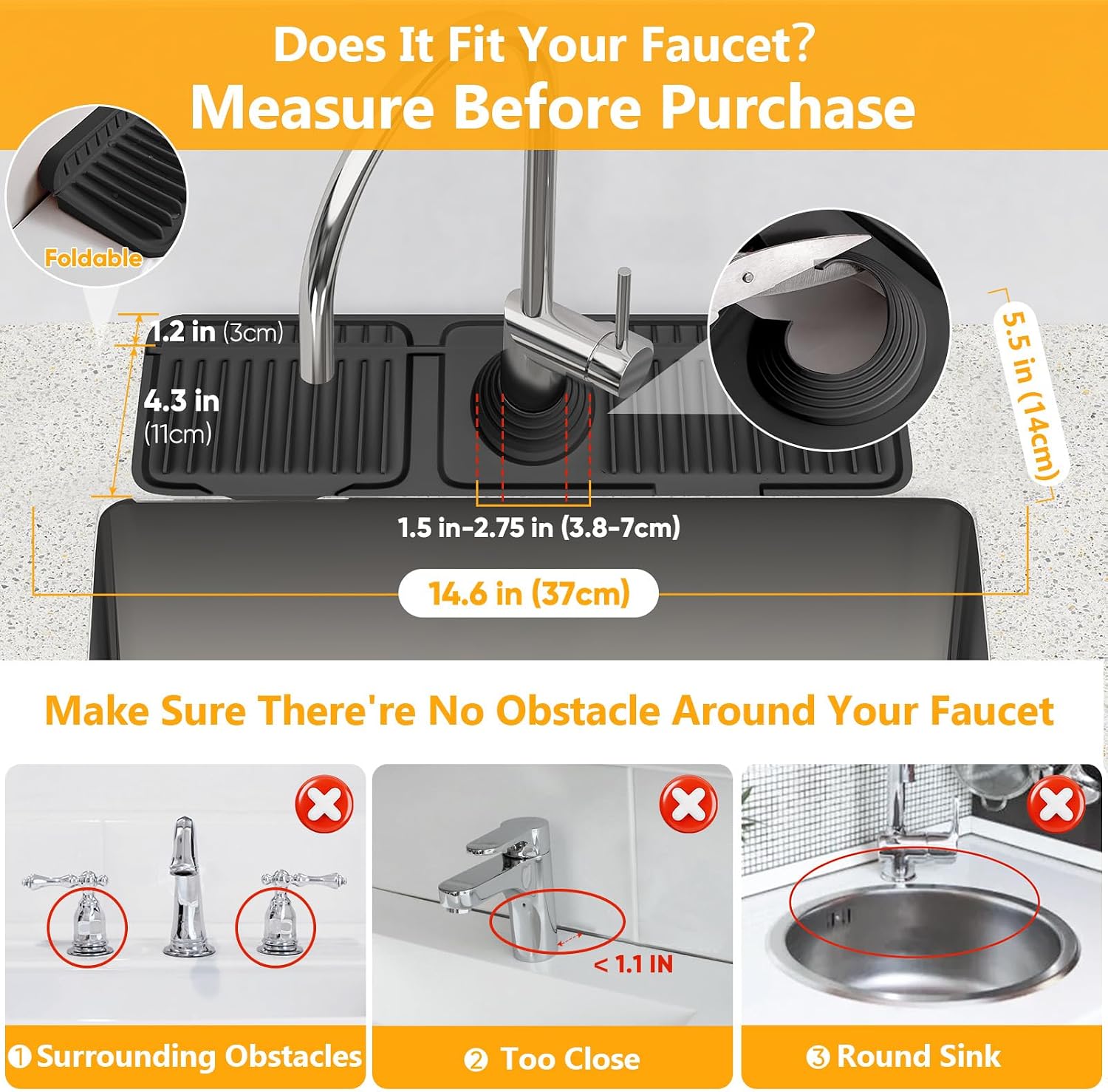 14.6 inch Faucet Mat for Kitchen Sink Splash Guard[7° Slope Fast Self-draining][Snap Lock Fit]Kitchen Sink Faucet Mat Splash Guard Kitchen Sink Area Water Splash Guard Behind Faucet Draining Mat
