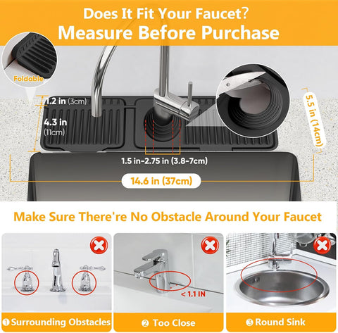 14.6 inch Faucet Mat for Kitchen Sink Splash Guard[7° Slope Fast Self-draining][Snap Lock Fit]Kitchen Sink Faucet Mat Splash Guard Kitchen Sink Area Water Splash Guard Behind Faucet Draining Mat