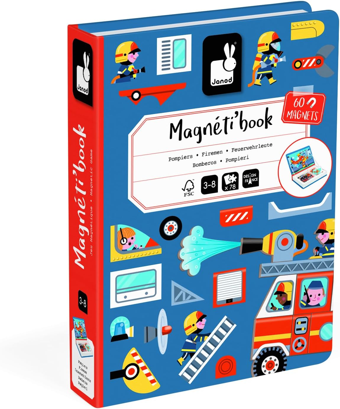 Janod - Magnéti'Book Firefighters - Magnetic Educational Game 60 Magnets + 18 Models - Children's Toy Made of Cardboard - Develops Dexterity and Creativity - Suitable for Ages 3 and Above