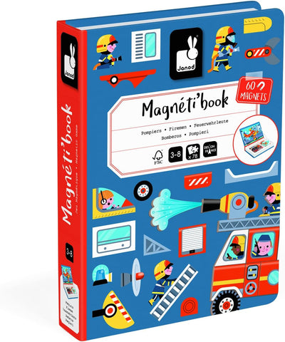 Janod - Magnéti'Book Firefighters - Magnetic Educational Game 60 Magnets + 18 Models - Children's Toy Made of Cardboard - Develops Dexterity and Creativity - Suitable for Ages 3 and Above