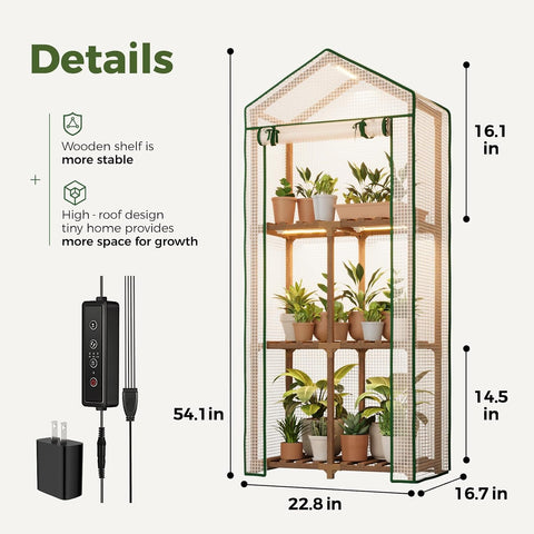 Bamworld Mini Greenhouse with Grow Light Plant Stand for Mutiple Pots Outdoor 3-Tier Portable Greenhouses with Durable PE Cover for Seedling Ideal Gardening Gifts for Women Men