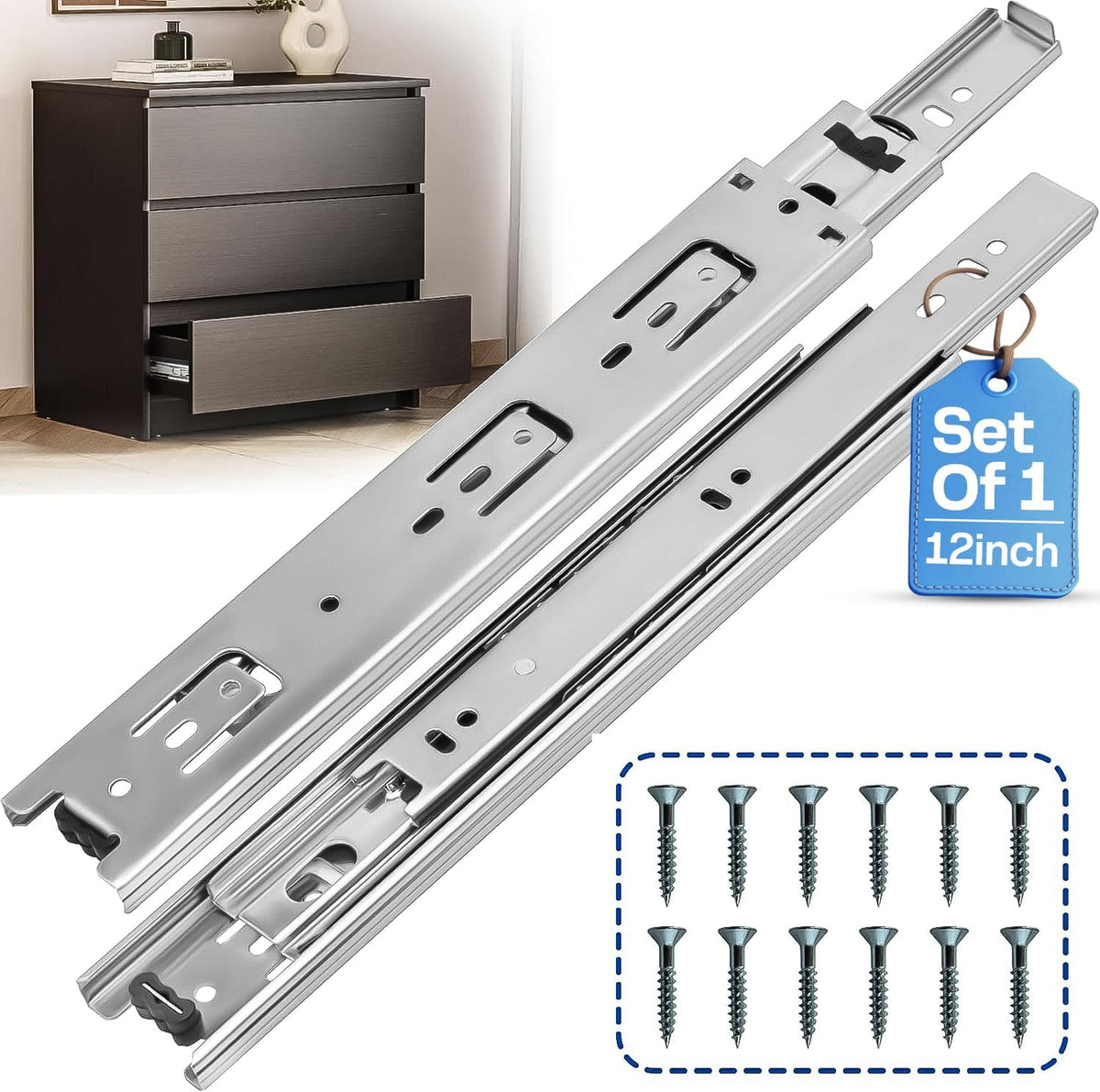 12 Inch Drawer Slides 1 Pairs (2pcs) Side Mount Rails - Heavy Duty Full Extension Ball Bearing – Drawer Slide Glides for Cabinet Kitchen, Dresser Runners - Draw Slides Sliders 100Lb Capacity