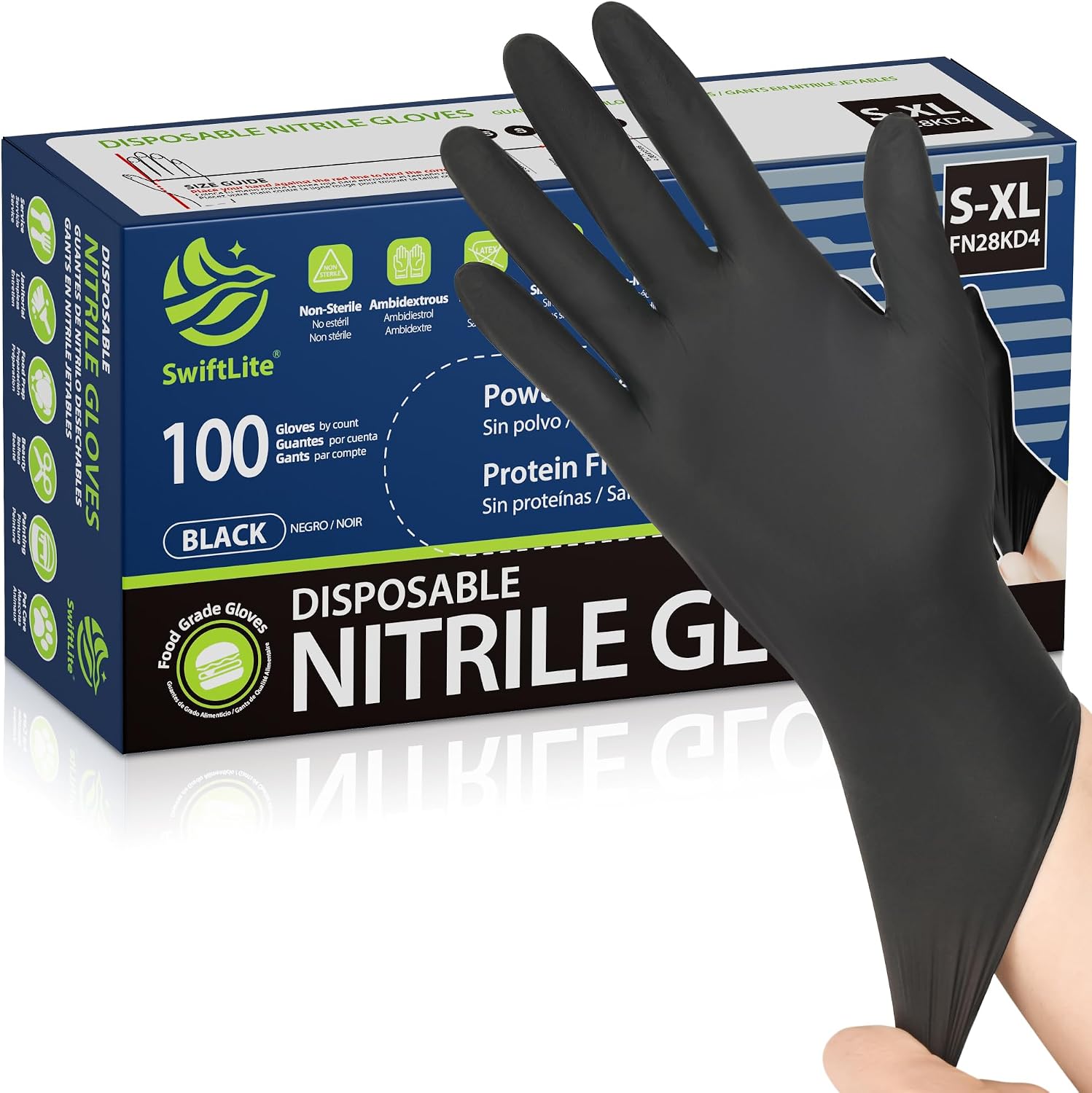 SWIFTLITE Black Nitrile Gloves Disposable Latex Free, Food Safe