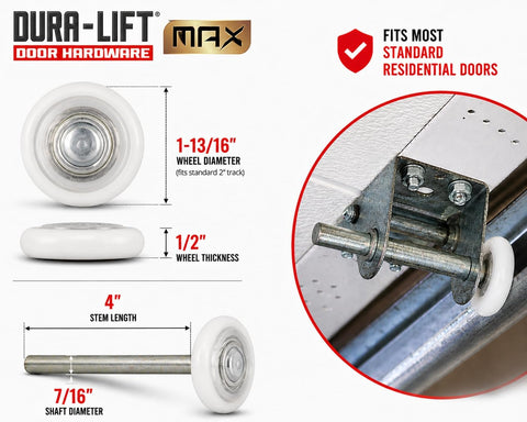 DURA-LIFT Ultra-Life MAX 2" Sealed 6200ZZ Bearing Nylon Garage Door Roller, 4" Stem, Pack of 20