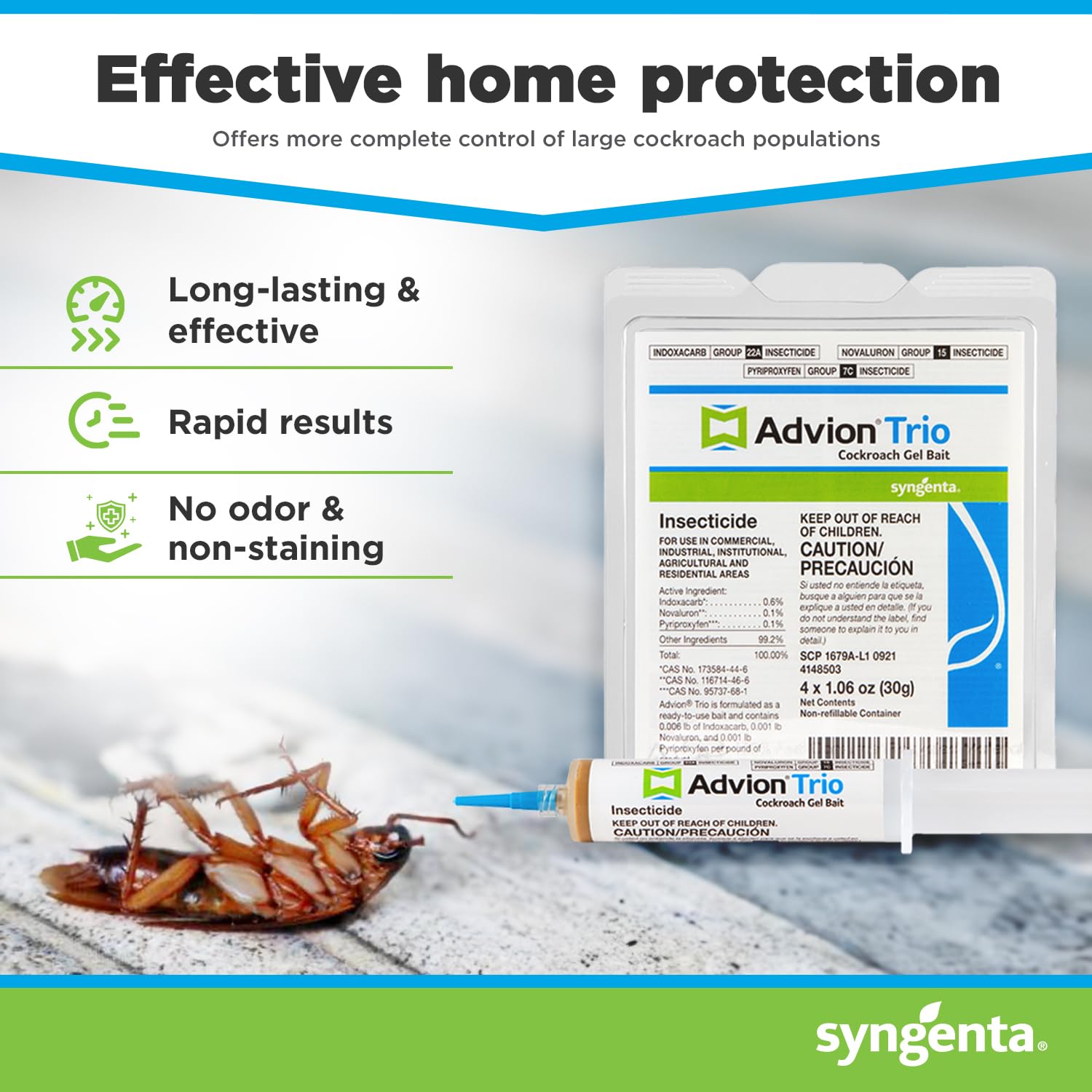 Advion Trio Cockroach Gel Bait, 4 Tubes x 30-Grams, 1 Plunger and 2 Tips, Formulated with 0.6% Indoxacarb, 0.1% Novaluron and 0.1% Pyriproxyfen, Ready-to-Use Roach Killer for Indoor and Outdoor Use