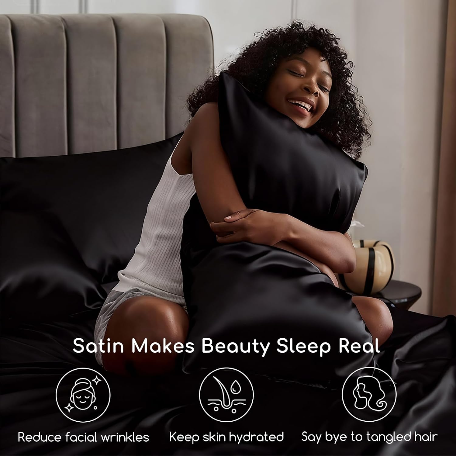 MR&HM Satin Sheets Twin Size with Elastic Corner Straps, Black