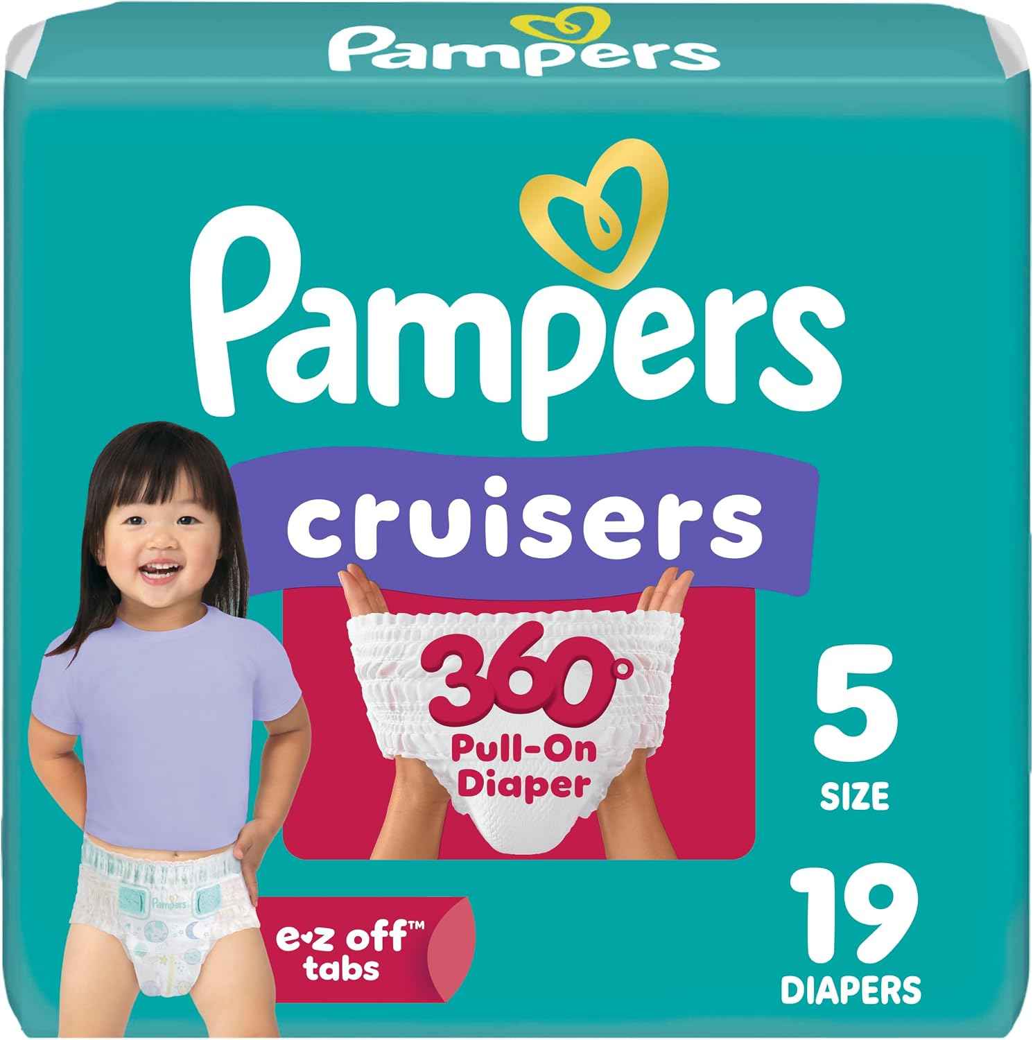 Pampers Diapers - Cruisers 360 - Size 5, 19 Count, Babyproof up to 100% Leakproof Pull-On Diaper (Packaging May Vary)
