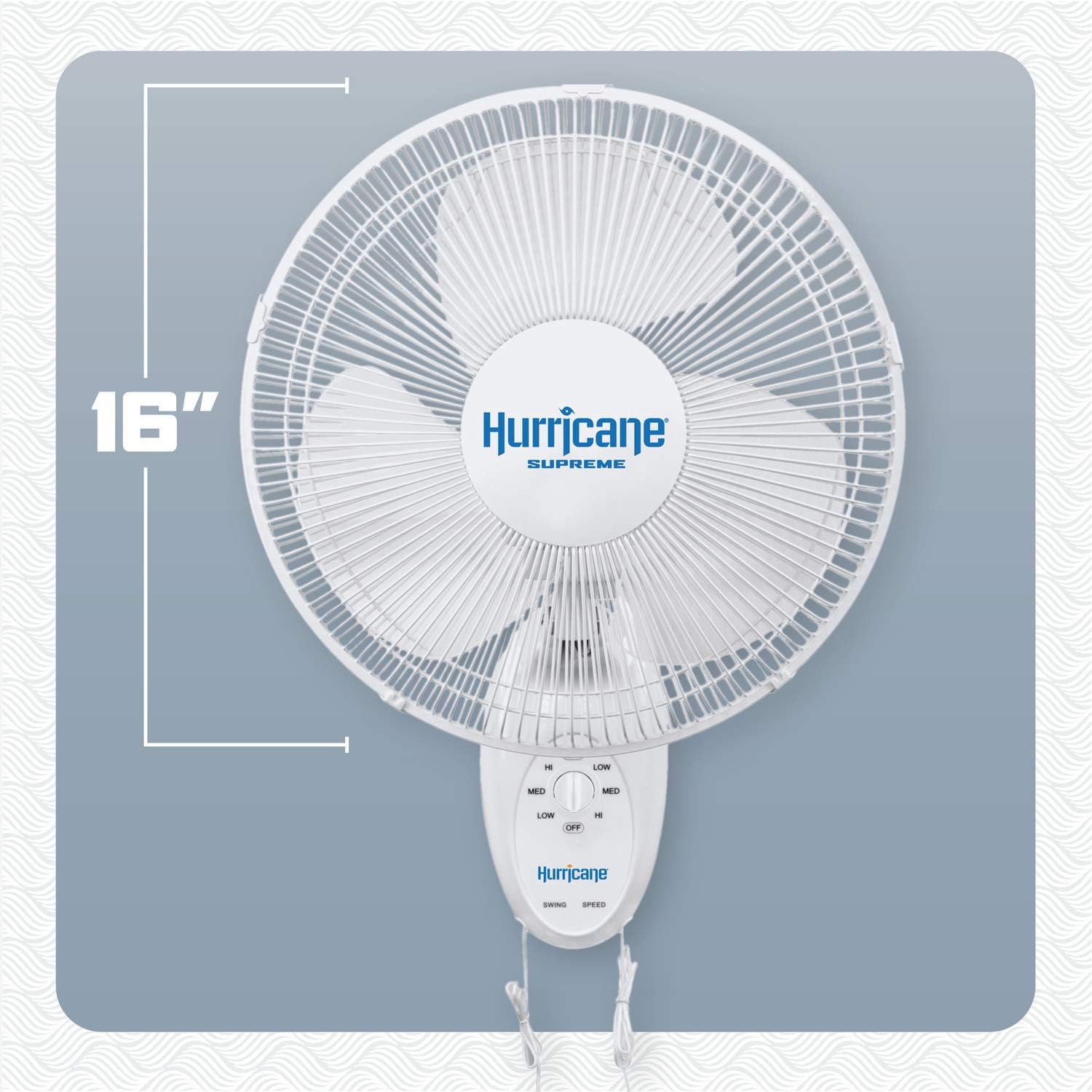 Hurricane Supreme Oscillating Wall Fan, 3 Speeds, White - 16in