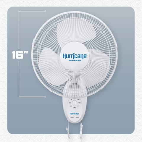Hurricane Supreme Oscillating Wall Fan, 3 Speeds, White - 16in