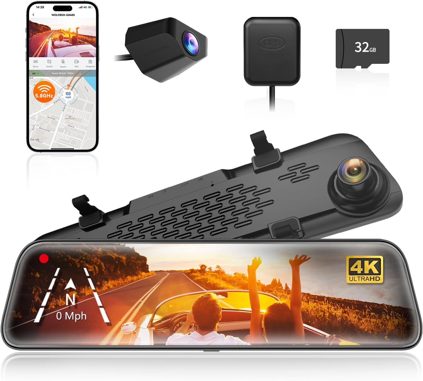WOLFBOX G840S 12" 4K Mirror Dash Cam Backup Camera with 32GB Card and GPS