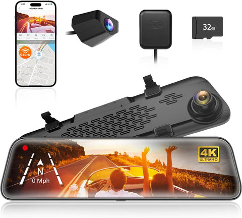 WOLFBOX G840S 12" 4K Mirror Dash Cam Backup Camera with 32GB Card and GPS