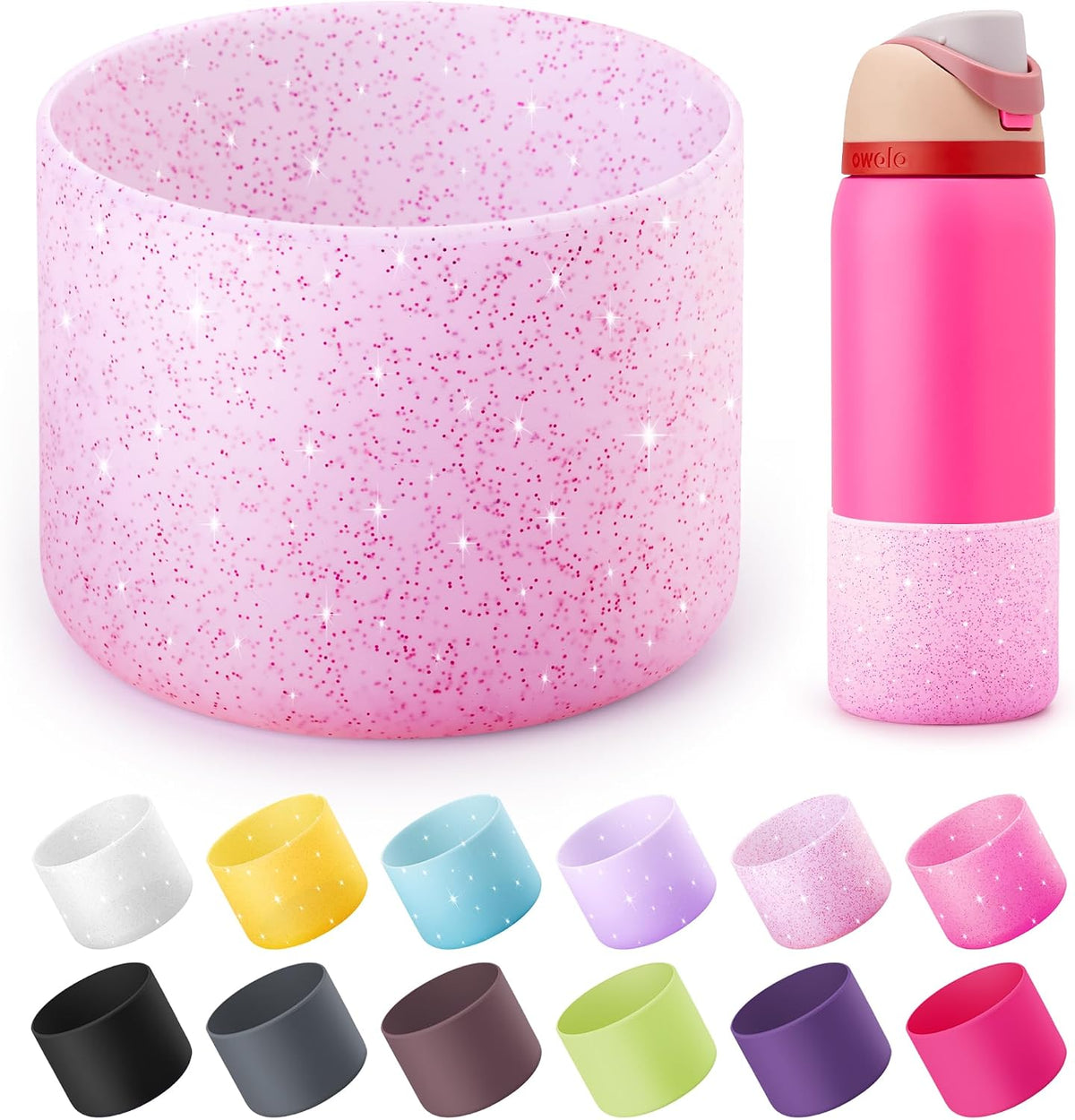 Silicone Water Bottle Boot for Owala 32 oz, Anti-Slip Protective Sleeve for Owala Twist & FreeSip & Flip Stainless Steel Water Bottle, Boot Bottom Base for Owala (Glitter Pink)