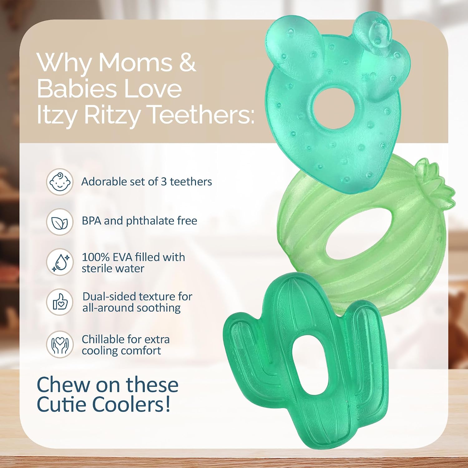 Itzy Ritzy Water-Filled Teethers for Teething Relief, Set of 3 Green Cactus