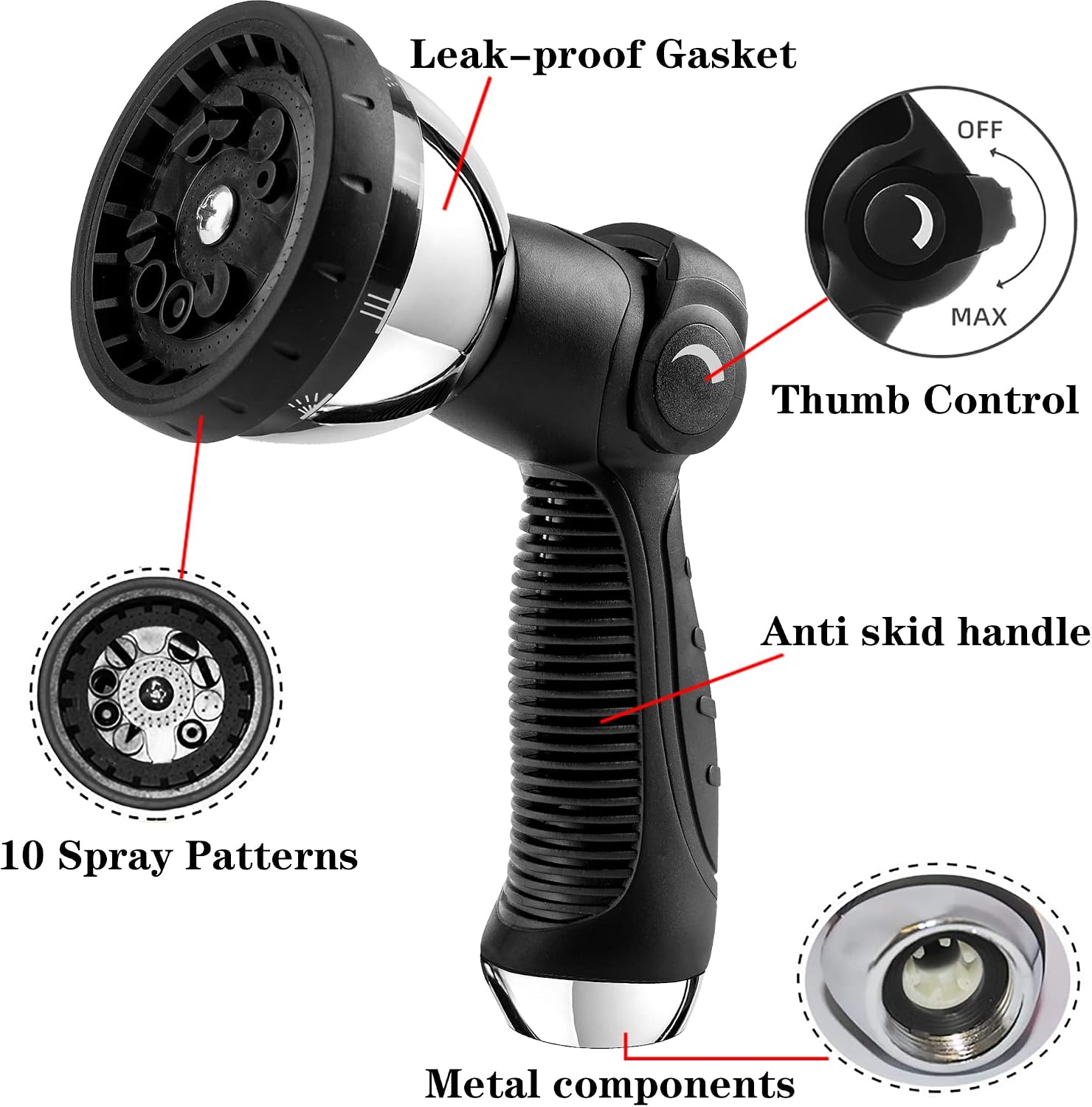 Garden Hose Nozzle Spray Nozzle,10 Hose Metal Duty Watering Patterns Thumb Control On Off Valve, High Pressure Nozzle Sprayer for Watering Plants, Car Wash,Cleaning,Showering Pets