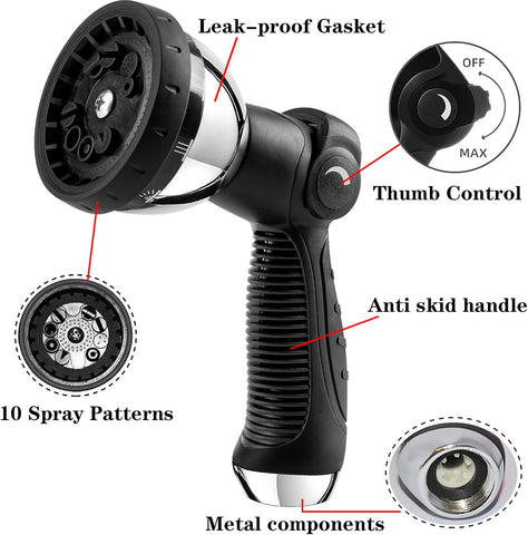 Garden Hose Nozzle Spray Nozzle,10 Hose Metal Duty Watering Patterns Thumb Control On Off Valve, High Pressure Nozzle Sprayer for Watering Plants, Car Wash,Cleaning,Showering Pets