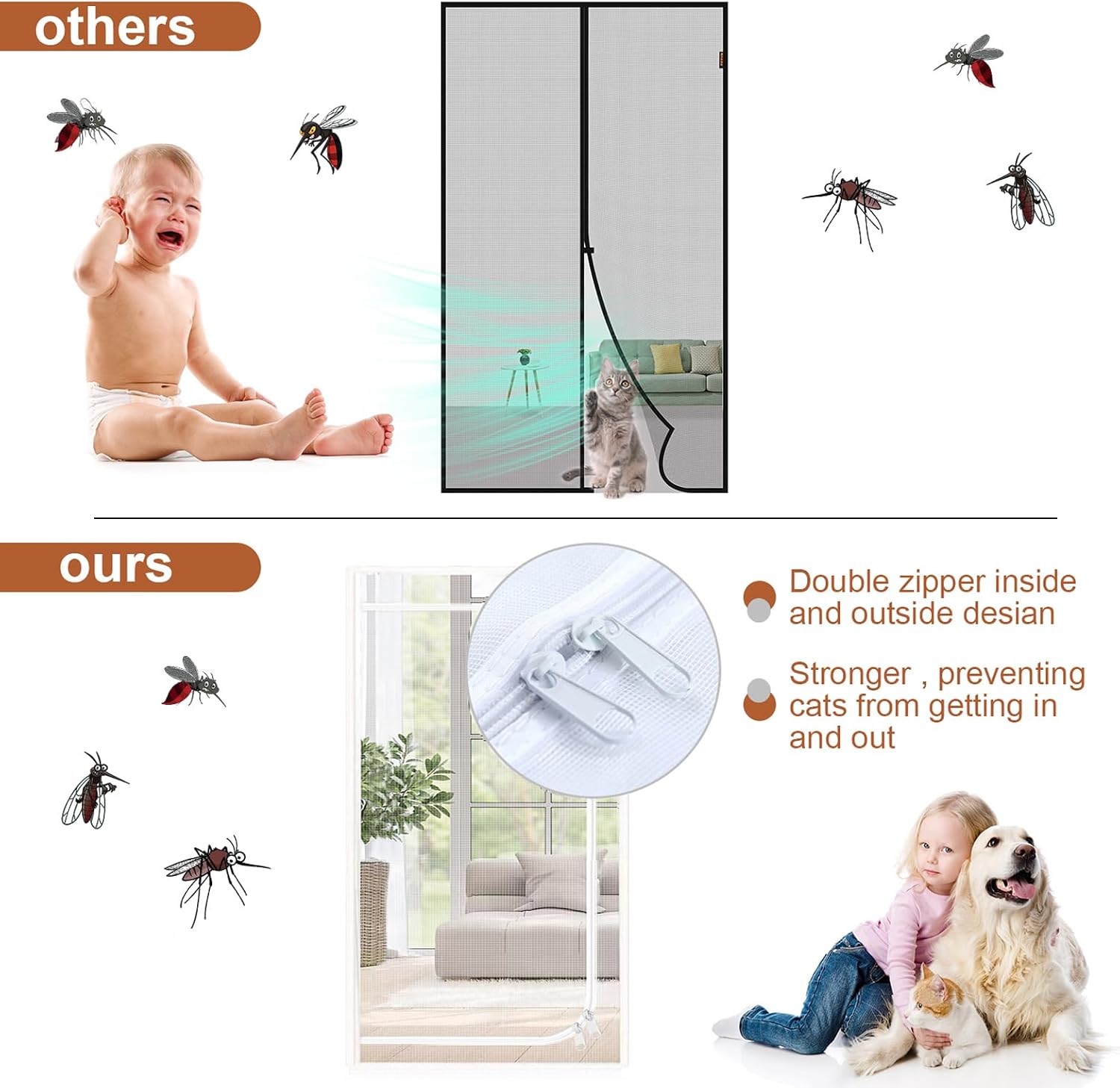 Upgraded Reinforced Pet Screen Door Thickened Cat Resistant Mesh Screen Door for Living Room, Bedroom, Patio, Dog Cat Scratch Proof Screen with Zipper Closure (Fits Door Size up to 32''x 80'', White)
