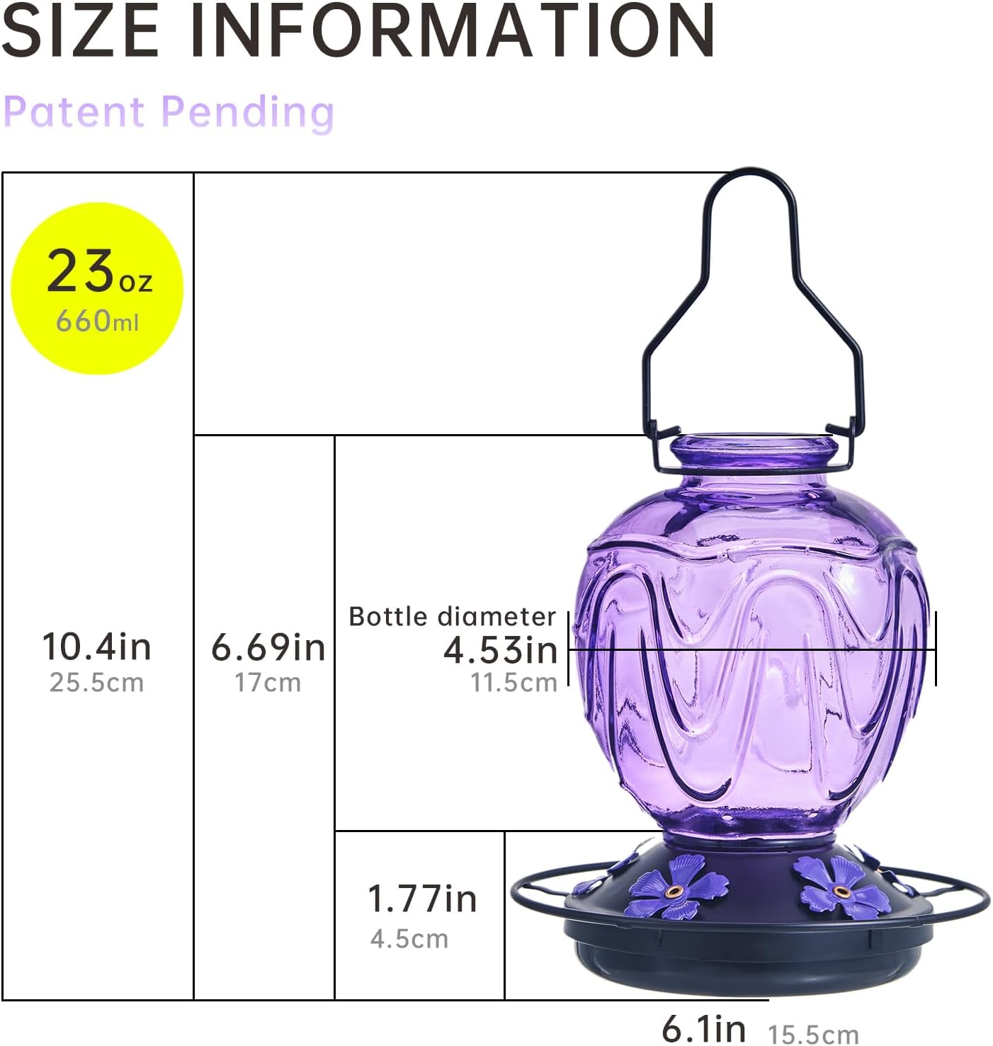 Glass Hummingbird Feeder for Outdoors Hanging,24Ozs Humming Bird Nectar Feeder Perch,5 Flower Feeding Ports, Leak Proof Base and Hook for Outside Garden Backyard Decor, Gifts for Women Mom,Purple