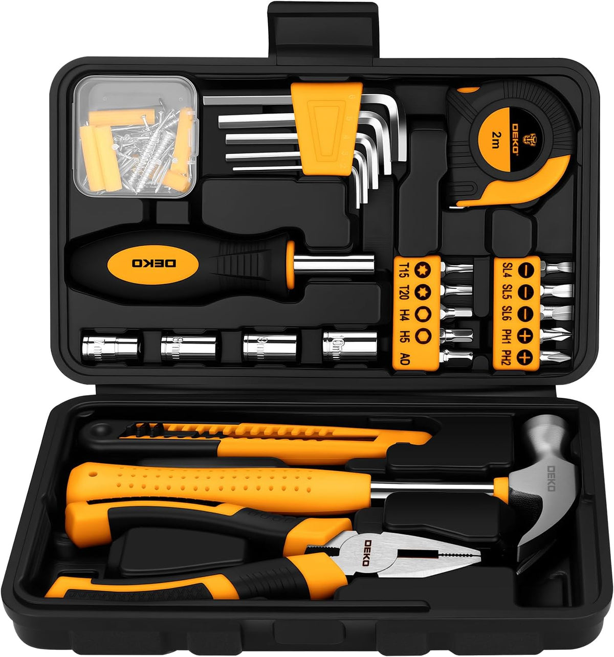 DEKOPRO 94 Piece Tool Set Household DIY Tool Kit for Men with Storage Toolbox, Small Basic Hand Tool Box Set for Home Repair, DIY, Apartment, Office, Orange
