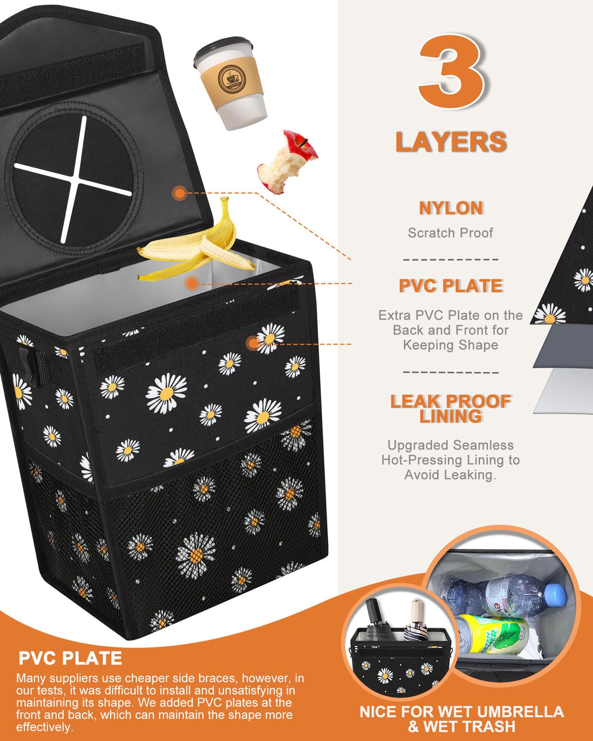 Pritent Car Trash Can with Lid Leakproof Car Garbage Bag Vehicle Trash Bin