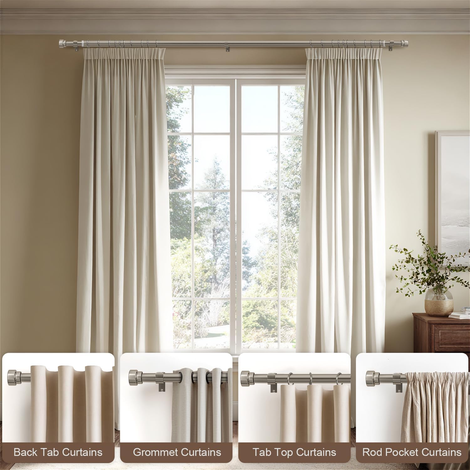 Lootkell 2 Pack Brushed Nickel Curtain Rods for Windows 72-144 Adjustable