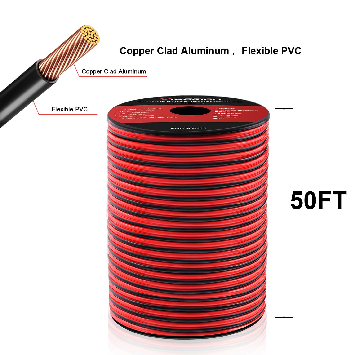 VIABRICO 12Gauge 50FT Electrical Wire Cable 2 Conductors Red Black Hookup LED Lighting Strips Flexible Extension Cord 12AWG Copper Clad Aluminum 12V/24V DC