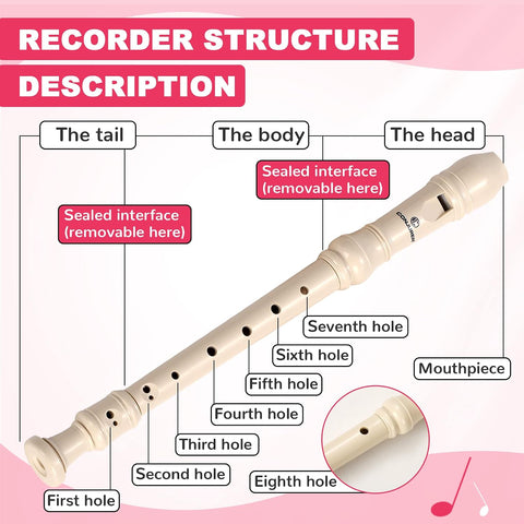 CONJURER 10Pc Soprano Recorder Instrument for Kids Student - German Fingering 8 Hole Flute ABS Descant Recorders for Beginners with Cleaning Rod and Bag for Kids over 3 Years Old