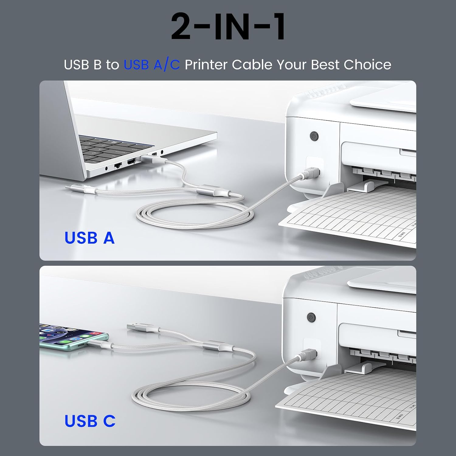 MOSWAG 2in1 USB C to B Printer Cable 6.6FT/2M with USB A to B Cable