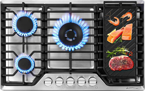 AMZCHEF 30 Inch Gas Cooktop with Griddle, 5 Italy SABAF Sealed Burners