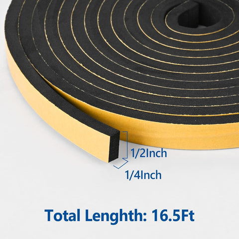 Kikerike Self Adhesive Foam Tape Weatherstrip 1/2In x 1/4In x 16.5Ft High Density Foam Insulation Strips Seal Weather Stripping with Strong Adhesive for Door and Window Sound Isolation Soundproofing