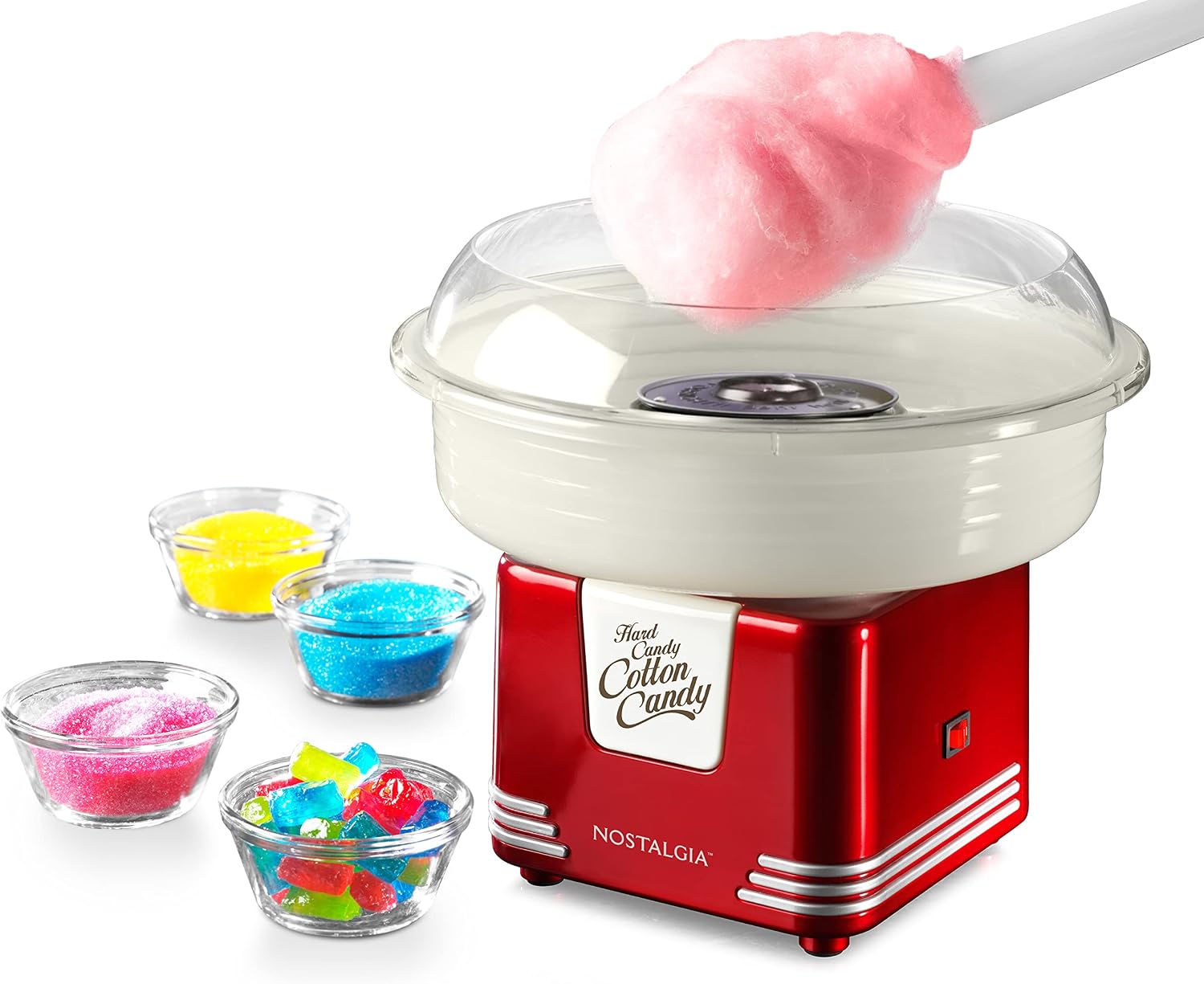 Nostalgia Cotton Candy Machine - Retro Cotton Candy Machine for Kids with 2 Reusable Cones, 1 Sugar Scoop, and 1 Extractor Head – Red