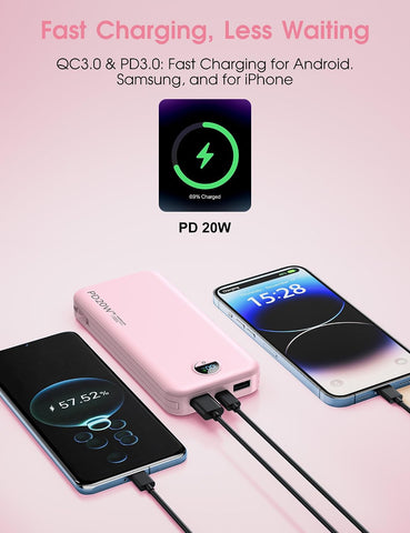 citicr Portable Charger 10000mAh PD20W w/Built-in Cables & Wall Plug Pink