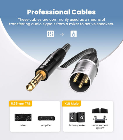Tisino Male XLR to 1/4" TRS Balanced Microphone Cable, Nylon-Braid, 6.6FT