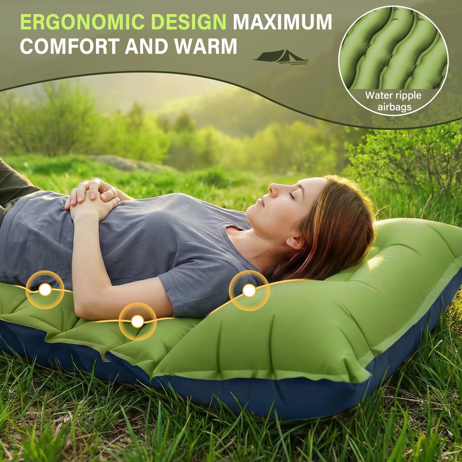 FUN PAC Camping Sleeping Pad, Ultralight Camping Mat with Pillow, Built-in Foot Pump Inflatable Sleeping Pads Compact for Camping Backpacking Hiking Traveling Tent,Single,Green