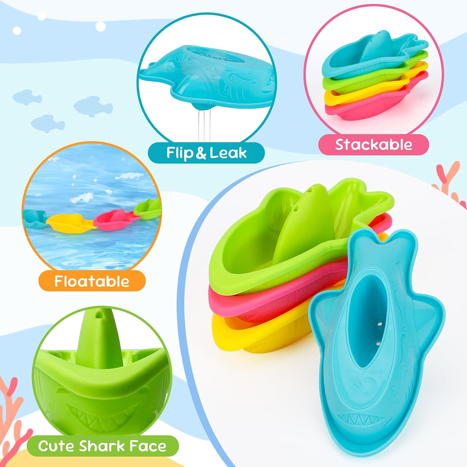 Fajiabao Toddler Bath Toys for Kids Ages 1-3 Stack, Scoop & Pour Set 9PCS