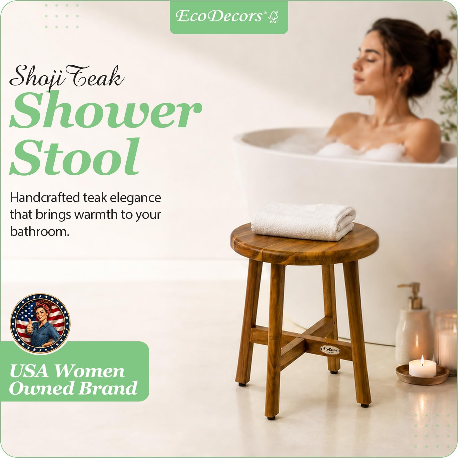 EcoDecors Shoji 12-Inch Round Teak Shower Stool, Waterproof, Storage