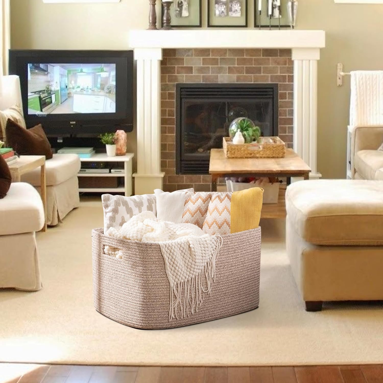 OIAHOMY 96L XXXLarge Blanket Basket Woven Cotton Rope Storage Basket Brown