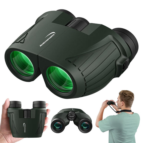 Aurosports 15x25 Compact Binoculars for Adult Kids - High Power Binoculars for Bird Watching - Easy Focus Small Binocular with Low Light Vision for Travel, Camping, Concert, Hiking -Green