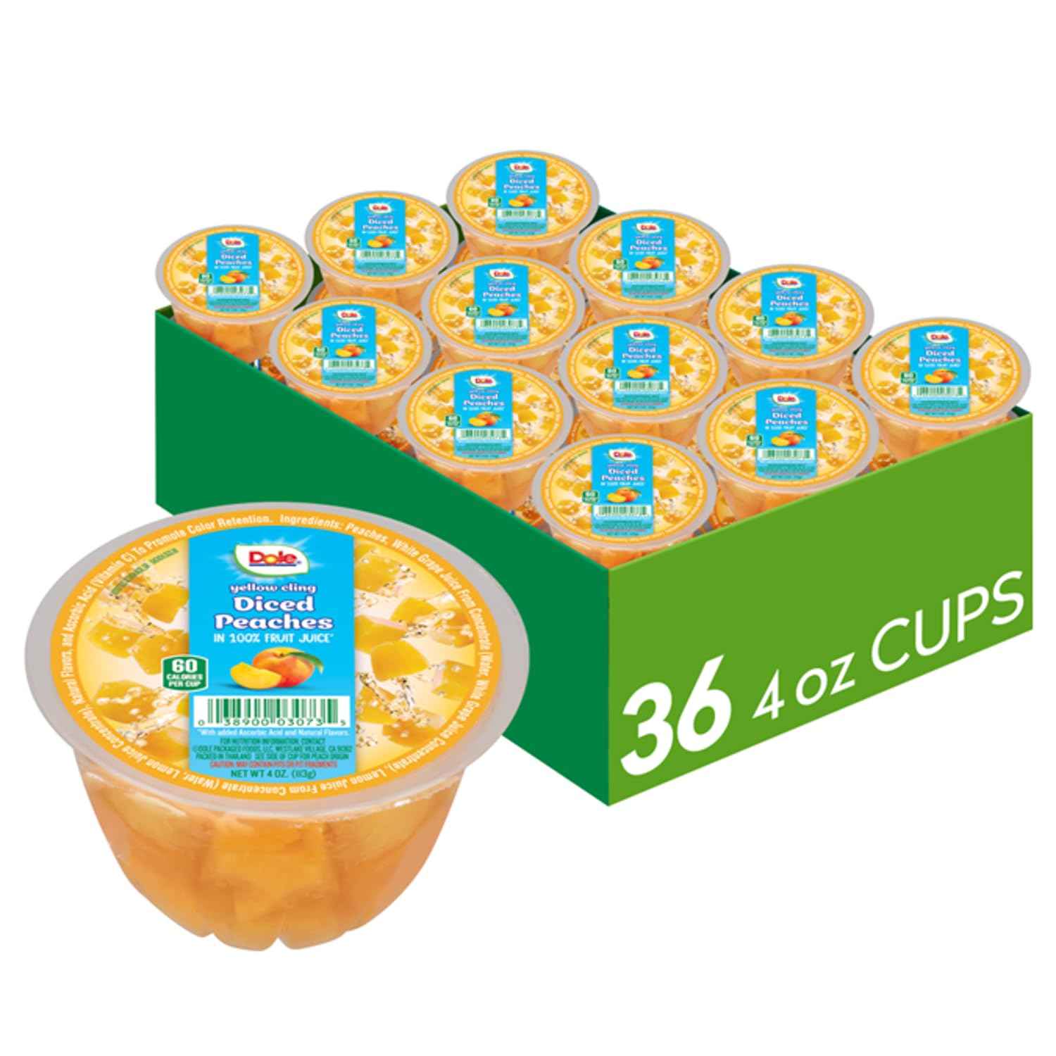 Dole Fruit Bowls Diced Peaches in 100% Juice Snacks, 4oz 36 Total Cups, Gluten & Dairy Free, Bulk Lunch Snacks for Kids & Adults | In 100% Juice Snacks, Gluten & Dairy Free, Bulk Lunch Snacks for Kids & Adults