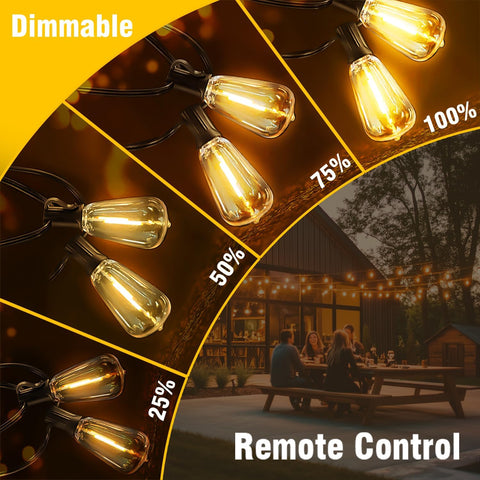 100FT Solar String Lights Outdoor Waterproof with Remote & Timer, LED Shatterproof ST38 Bulbs, USB & Solar Powered Patio Lights for Backyard, Porch, Garden, Wedding Decor, Dusk to Dawn Lighting