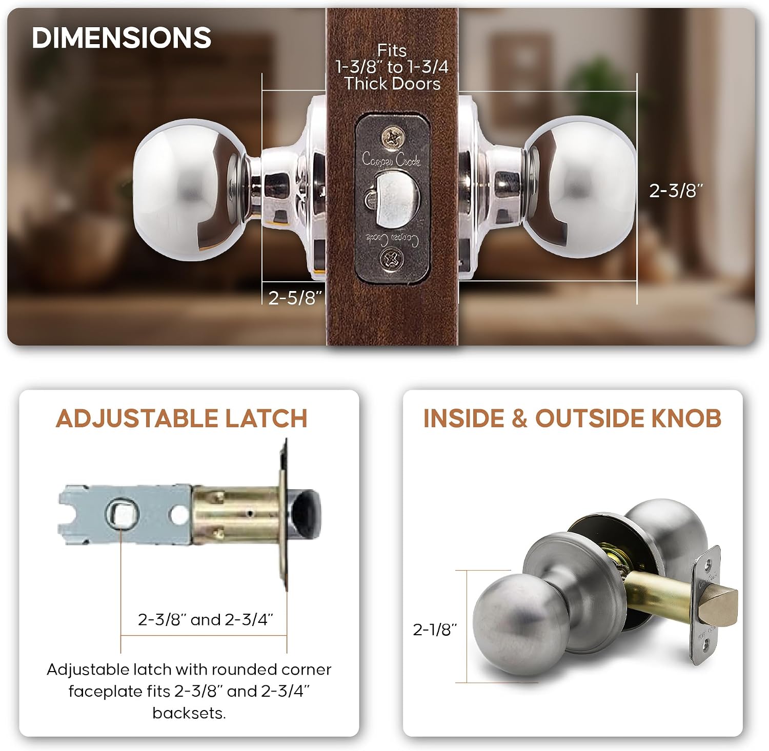 Copper Creek Passage Interior Door Knob – ANSI Grade-3 Certified, Modern Heavy Duty Handle, Easy Install and Reversible for Bedroom, Bathroom & Closets – Satin Stainless (1 Pack)