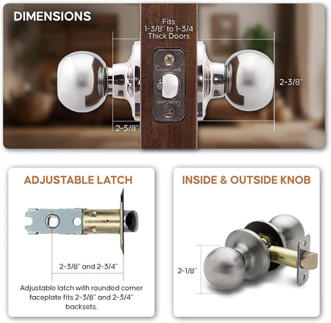 Copper Creek Passage Interior Door Knob – ANSI Grade-3 Certified, Modern Heavy Duty Handle, Easy Install and Reversible for Bedroom, Bathroom & Closets – Satin Stainless (1 Pack)