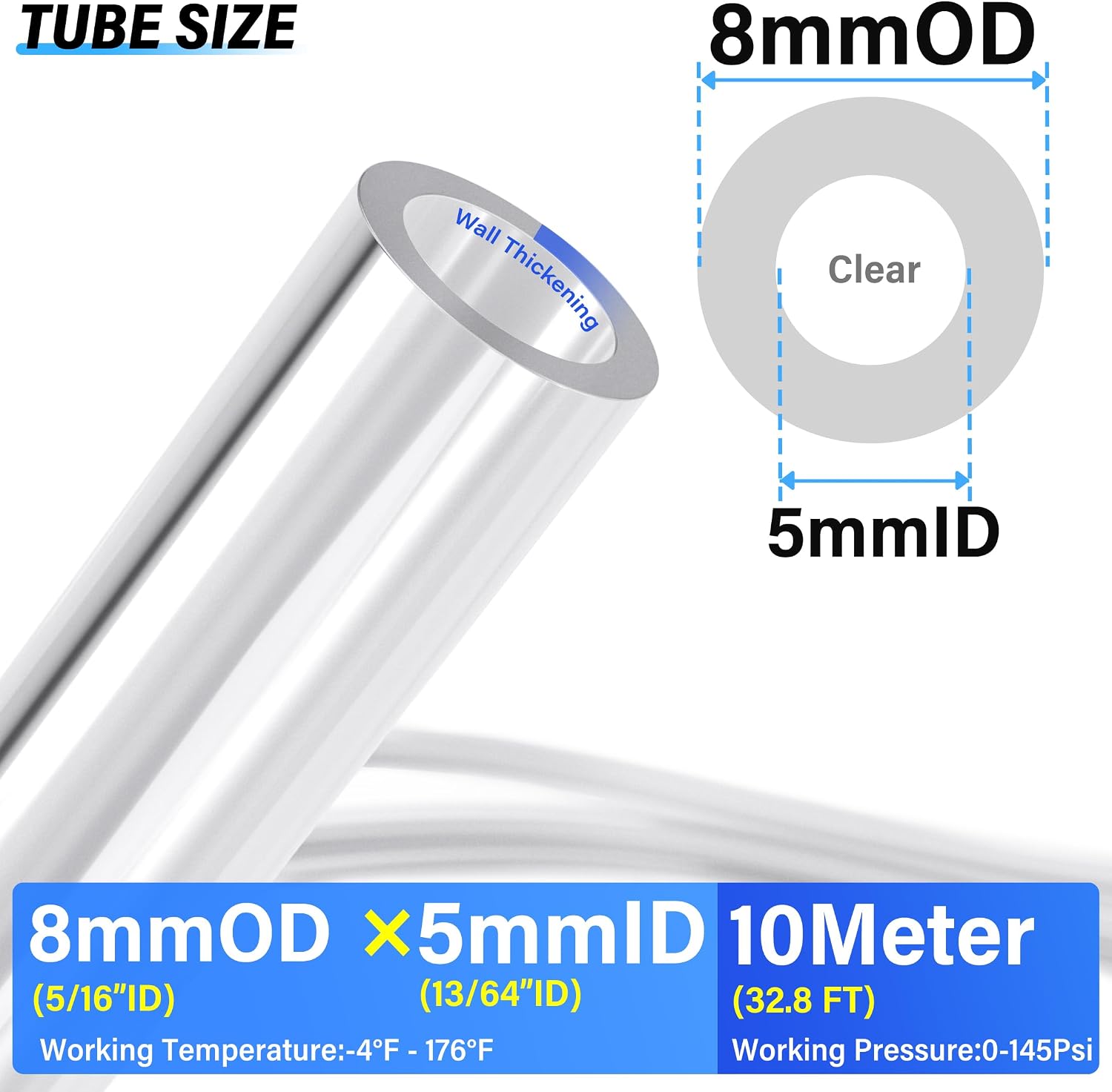 TAILONZ Clear 8mm OD 5mm ID PU Air Hose Pipe Tube Kit 10 Meter 32.8ft